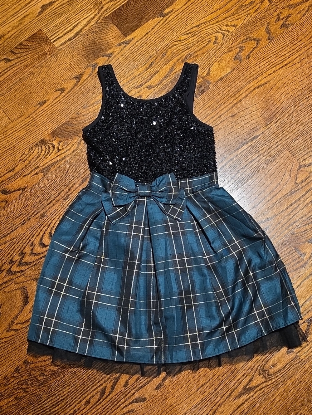 The Children's Place Black Sequin Bodice Blue Plaid Bow Dress